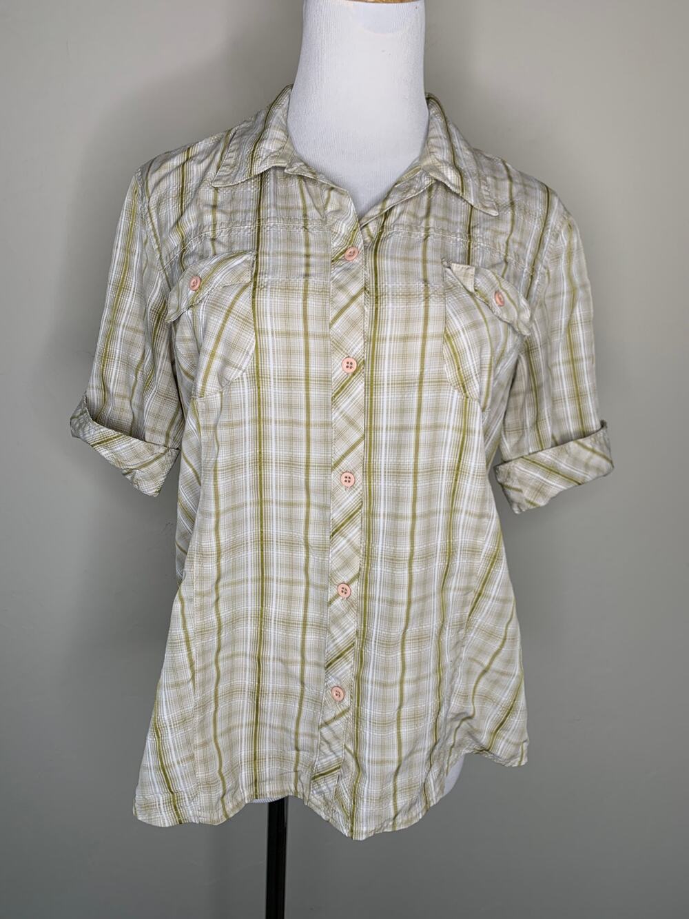 Alpine Design Tan Plaid Short Sleeve Top Sz Large